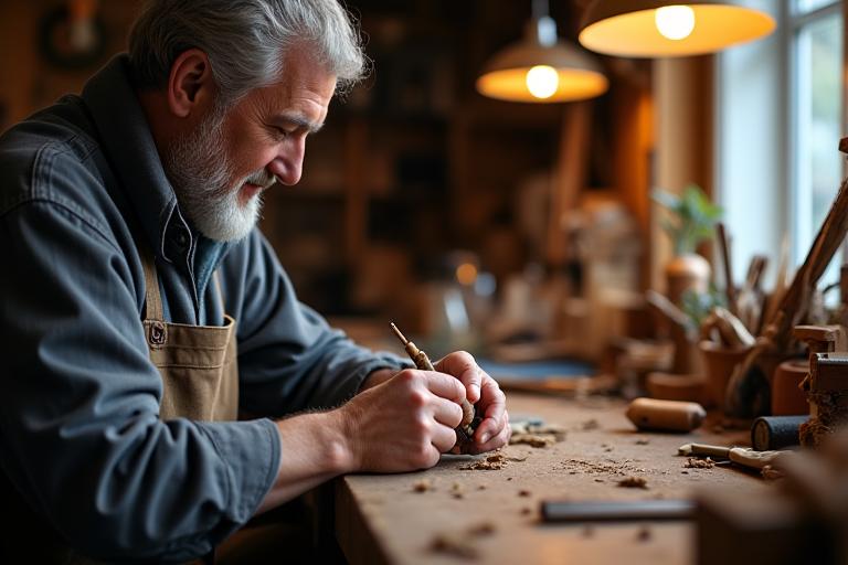 Skilled craftsman meticulously working on a fishing rod in a workshop, focusing on details